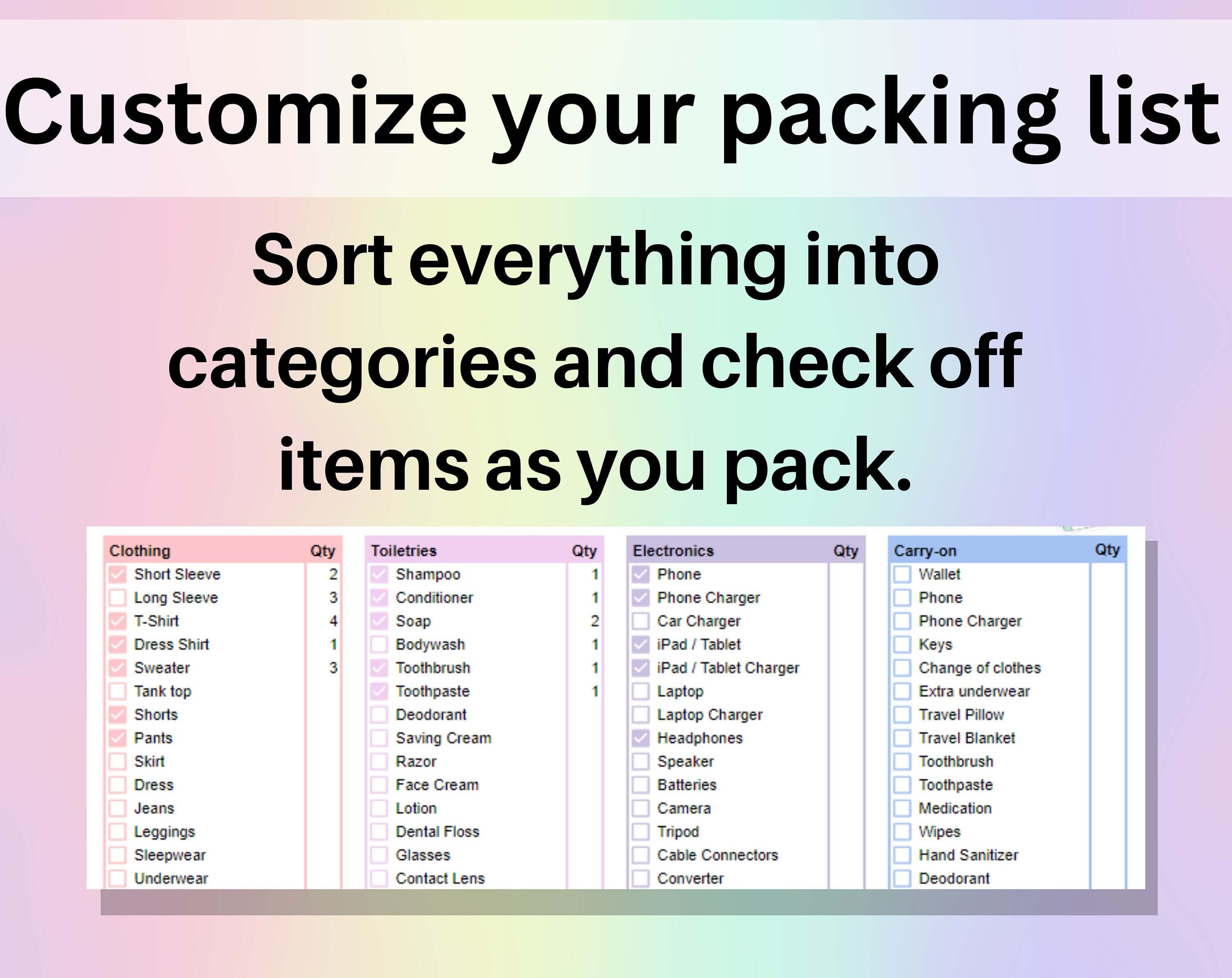 Packing List Template Spreadsheet Editable Google Sheets and Excel PDF