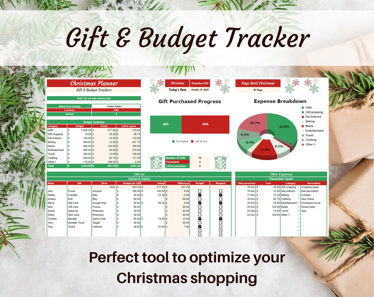 Christmas Planner Budget Spreadsheet Google Sheets Excel Template Digital Gift & Holiday Expense Budgeting Stocking Card Tracker Calendar